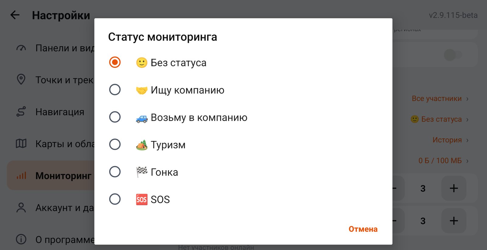 Окно «Статус мониторинга»